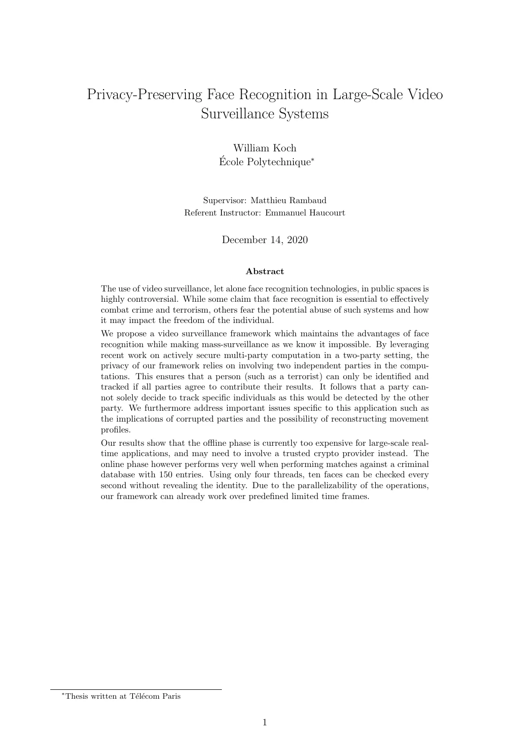 First page of the thesis on privacy-preserving face recognition