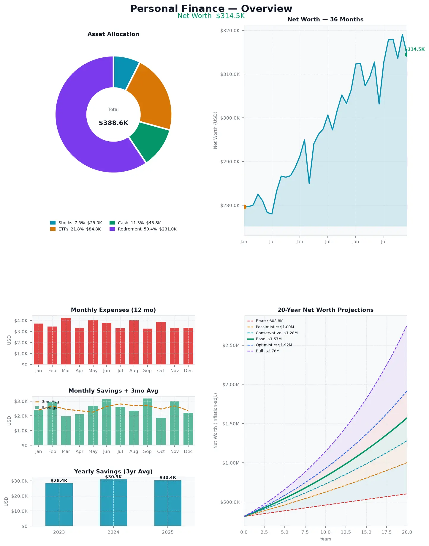 First attempt: a static chart image with an allocation donut, a net-worth line, monthly expense and savings bars, and 20-year projection curves