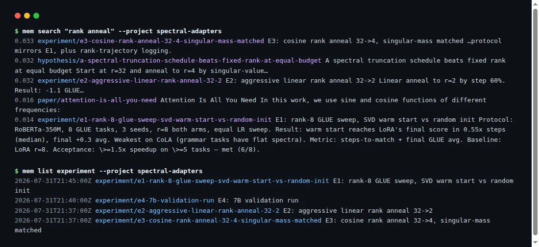 Research Memory hybrid search results in a terminal